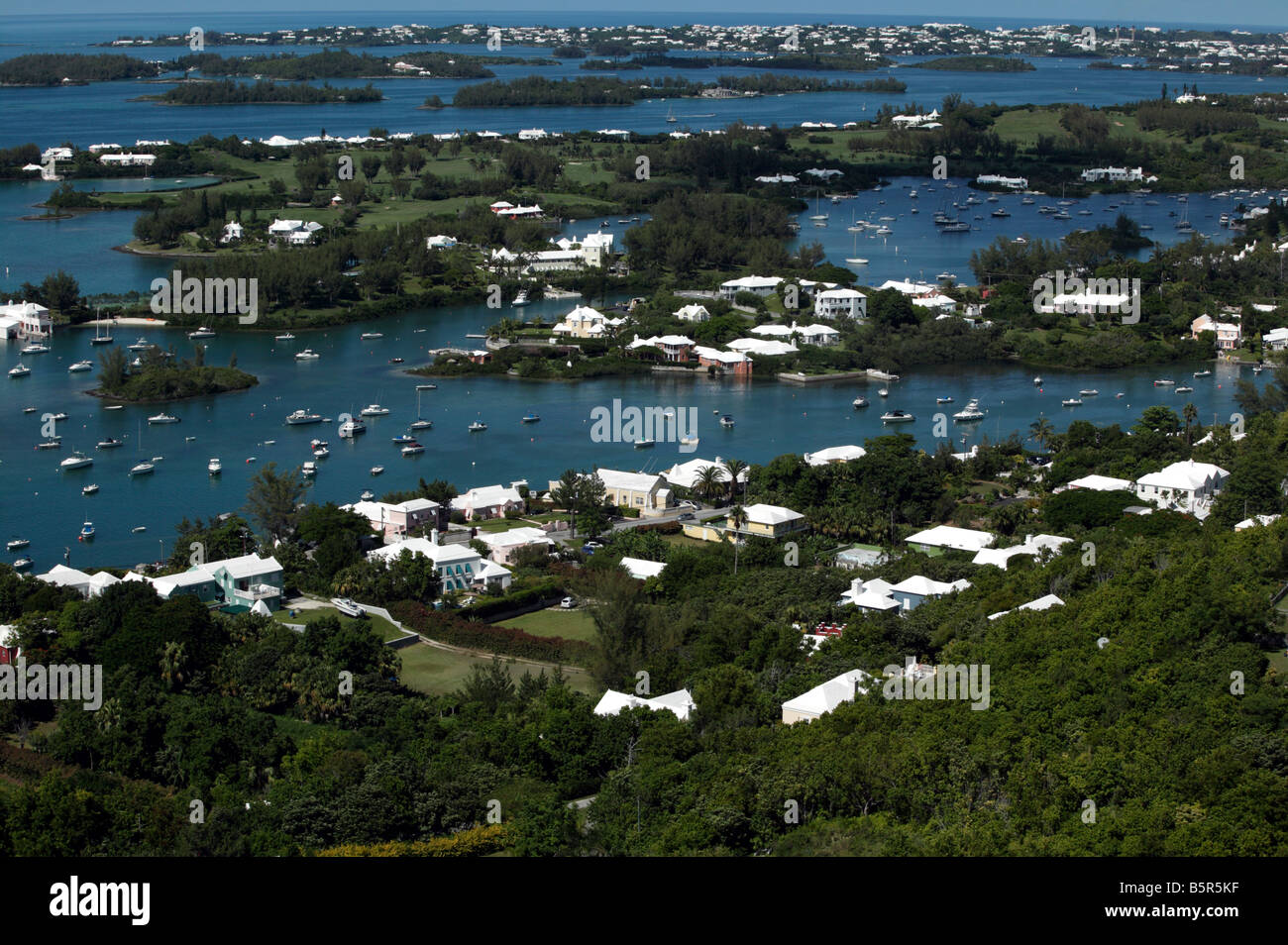 Arial view of Riddell's Bay Golf Club and Riddell's Bay from Gibb's Hill Lighthouse Stock Photo