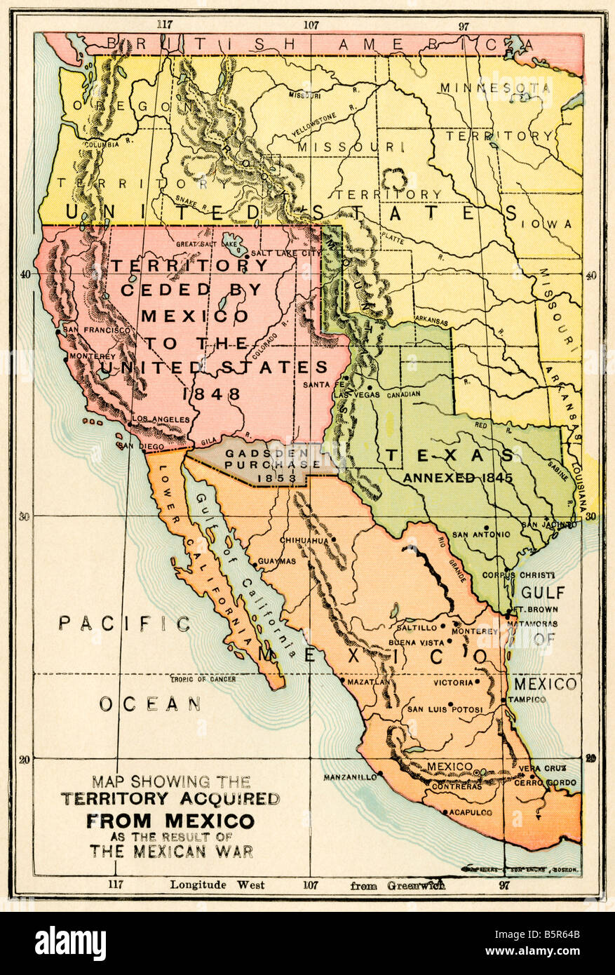 Map of territory acquired by the United States in the Mexican-US War. Color lithograph Stock Photo