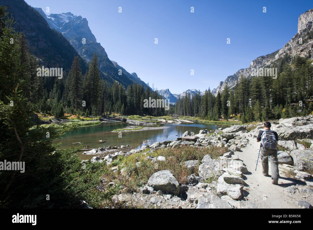 Hiker/s on the trail in Cascade Canyon, Grand Teton National Park,; Wyoming; USA Stock Photo