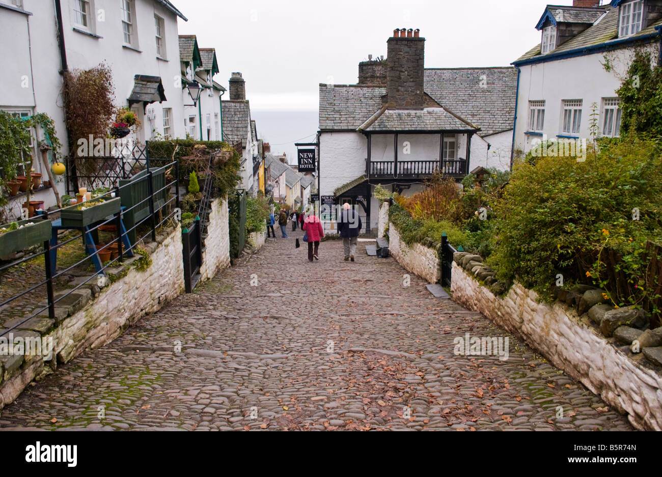 View down steep cobbled street in the pretty coastal village of Clovelly North Devon England UK Stock Photo