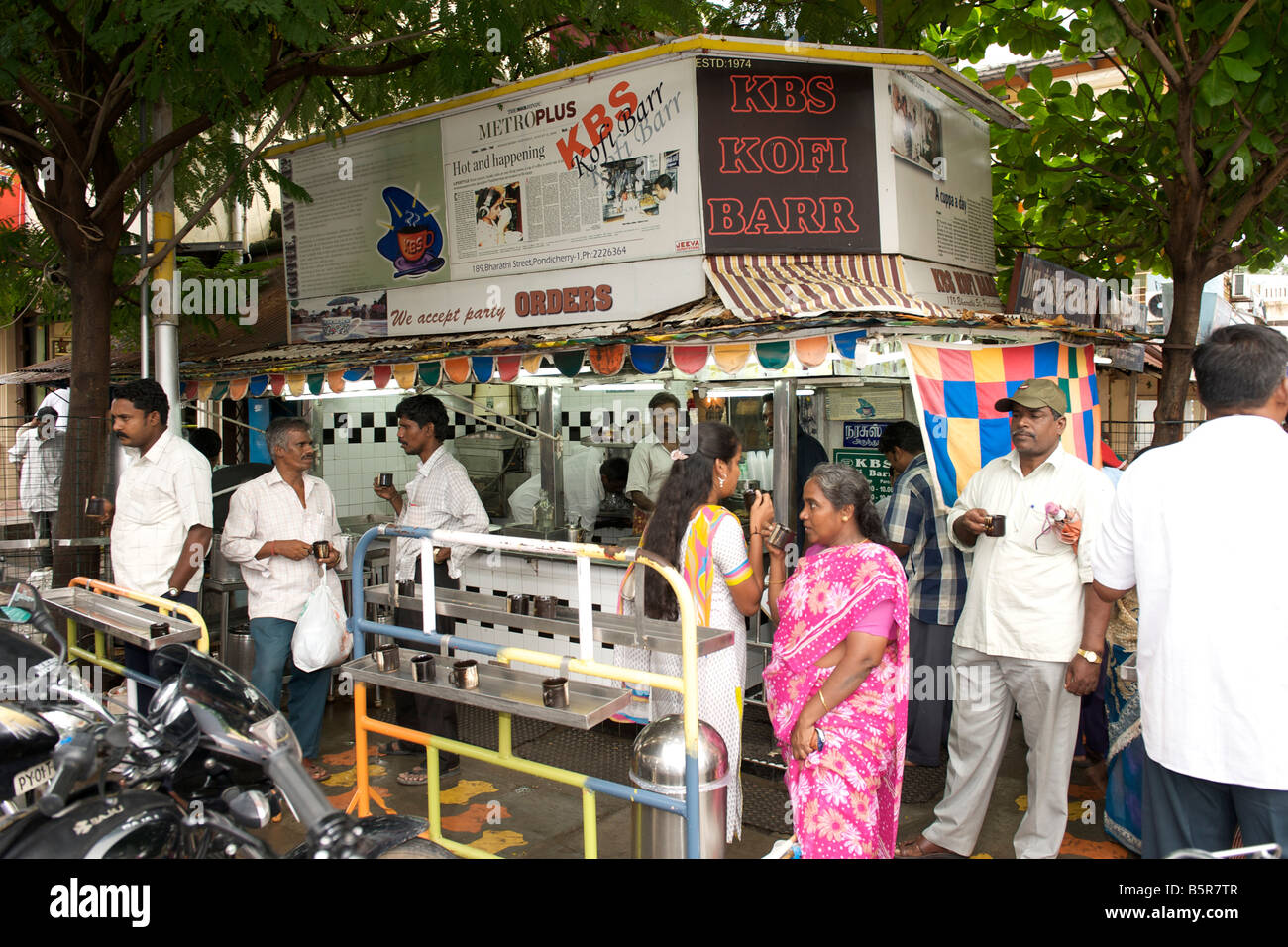 Corner coffee stall on a street in Pondicherry India. Stock Photo