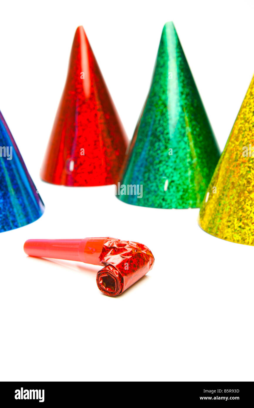 Party hats and blowers isolated against a white background Stock Photo ...