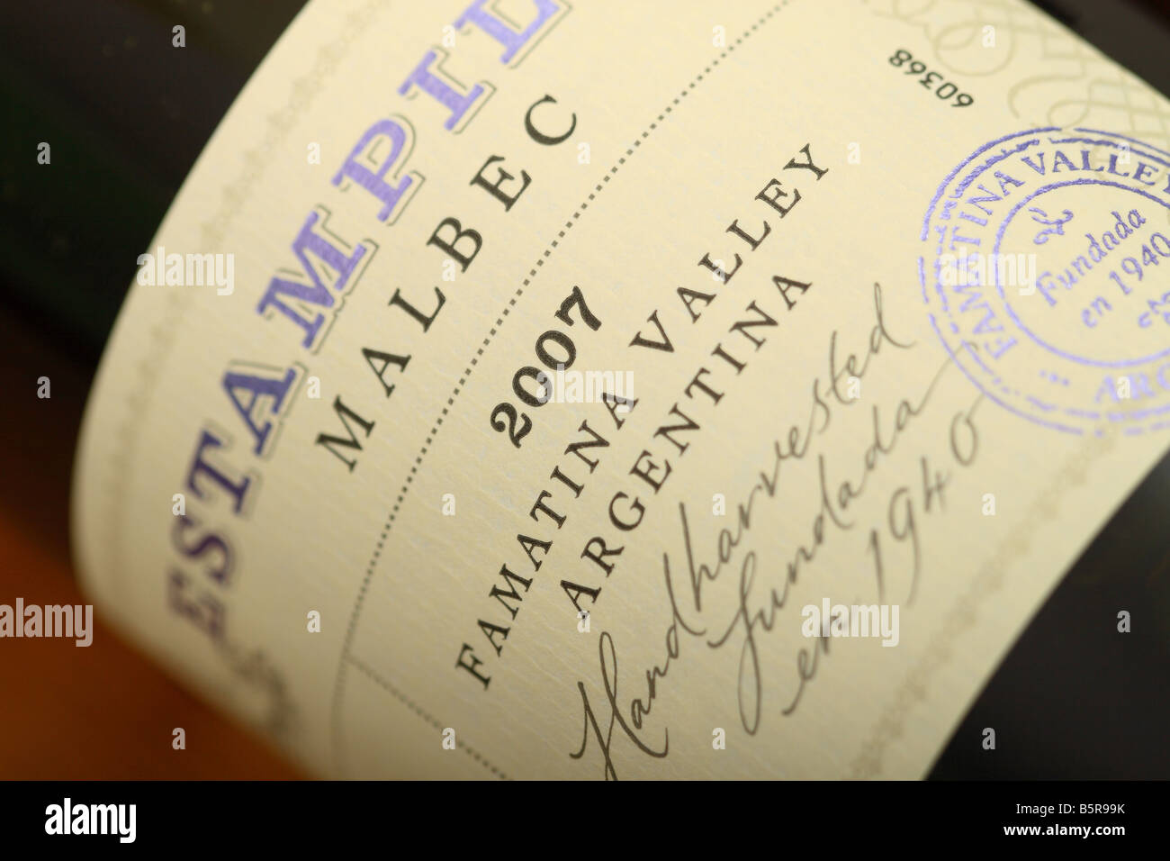 Argentinian Malbec red wine bottle label from the Famatina Valley