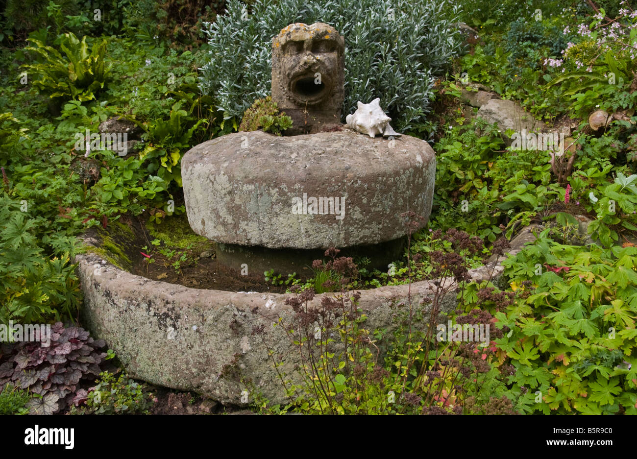 Water feature in garden of Usk Castle in the market town of Usk Monmouthshire South Wales UK Stock Photo