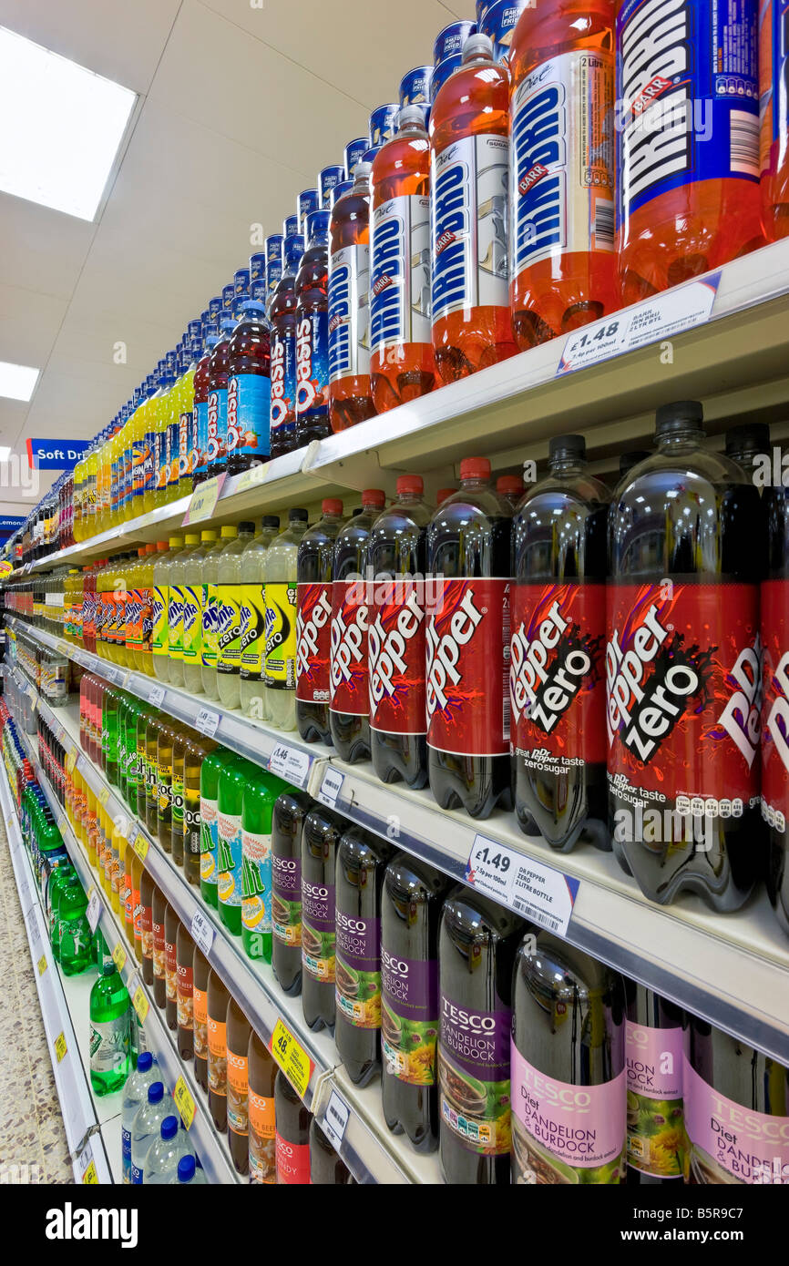 Soft drinks display in a supermarket Stock Photo