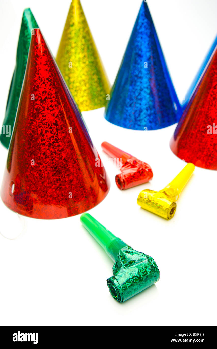 Party hats and blowers isolated against a white background Stock Photo ...