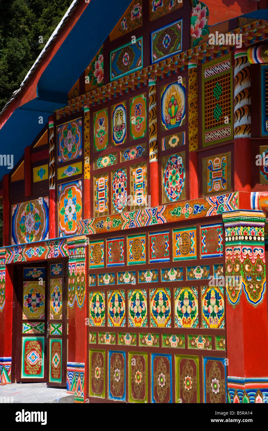 Close up detail of brightly painted Tibetan tea house in Jiuzhaigou
