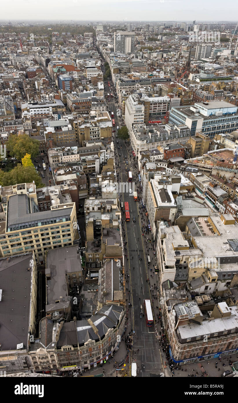 Aerial view of Oxford Street London from Tottenham Court Road stretching up to Marble Arch Stock Photo