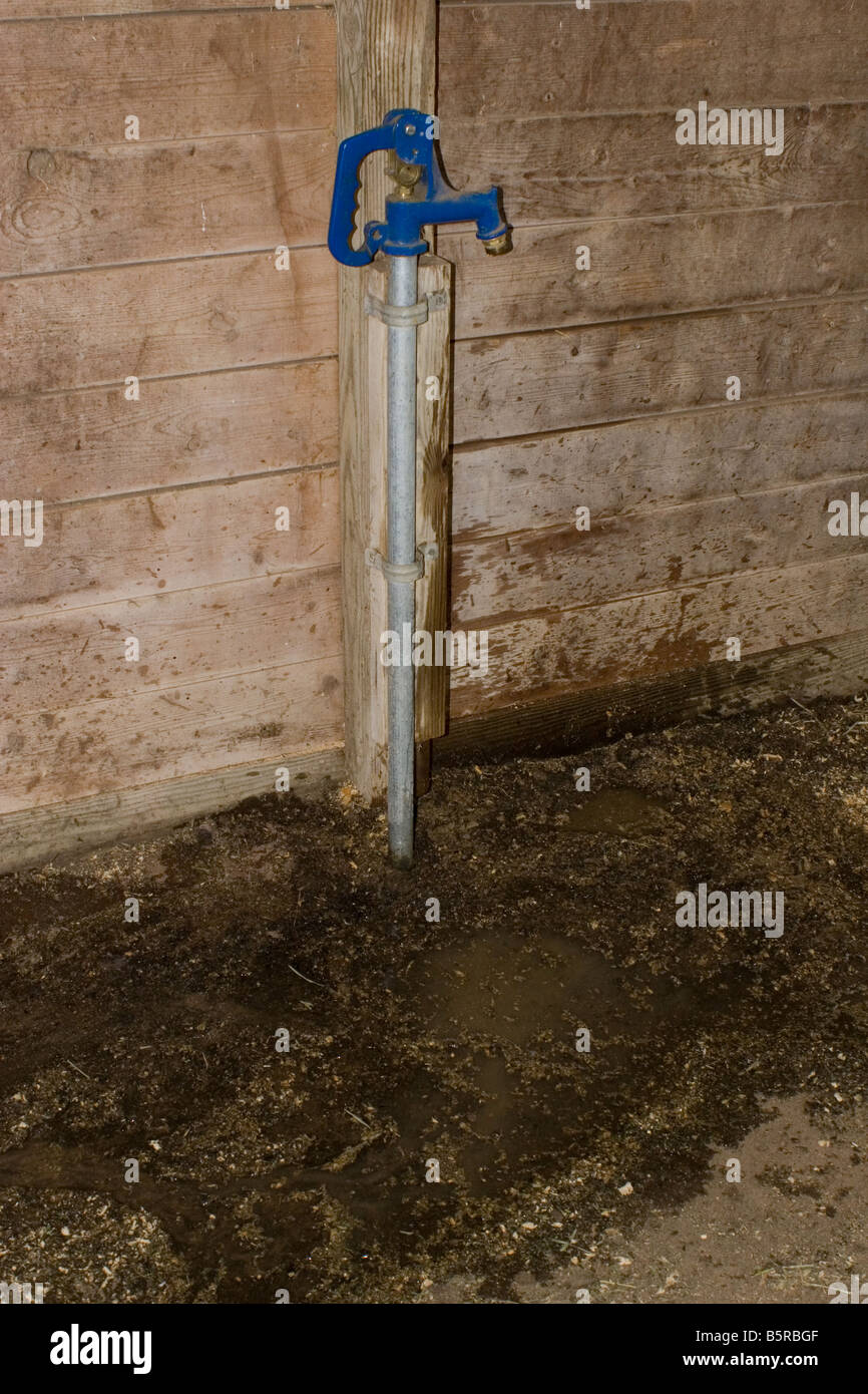 Water Faucet In Barn With Water Spilled On The Ground Stock Photo