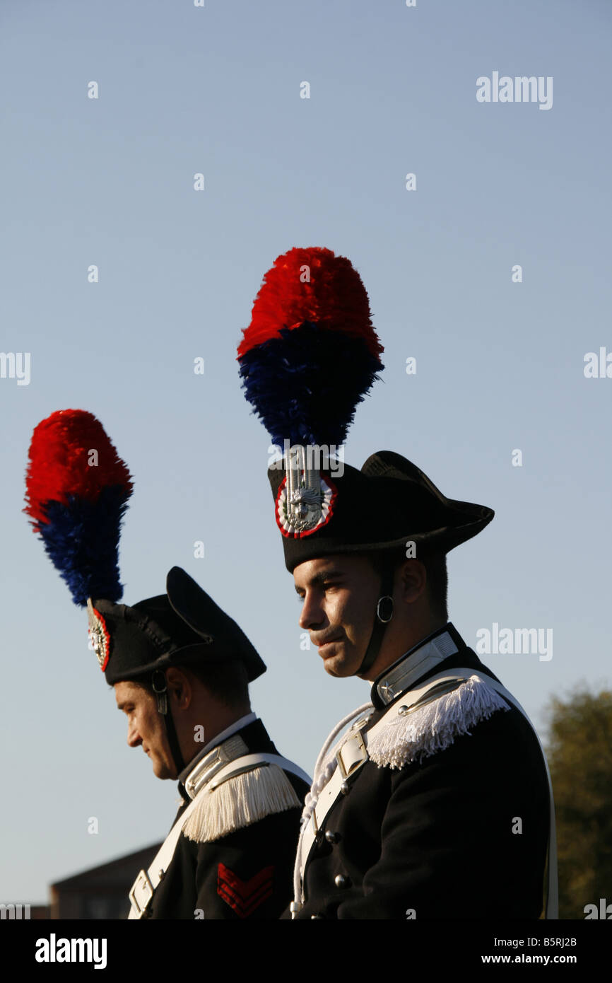 two mounted carabinieri police in traditional costume at event in rome  italy Stock Photo - Alamy