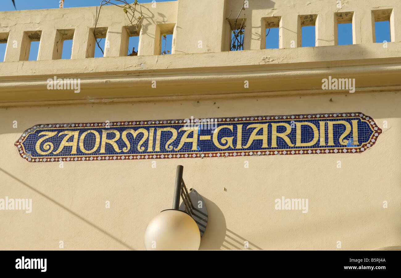 The decorative mosaic sign at Taormina-Giardini railway station in Sicily, Italy Stock Photo