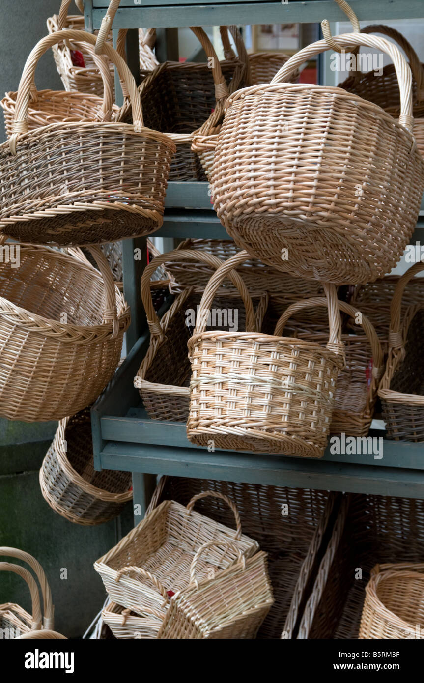 Wicker Baskets hanging on a display Derbyshire England UK Stock Photo