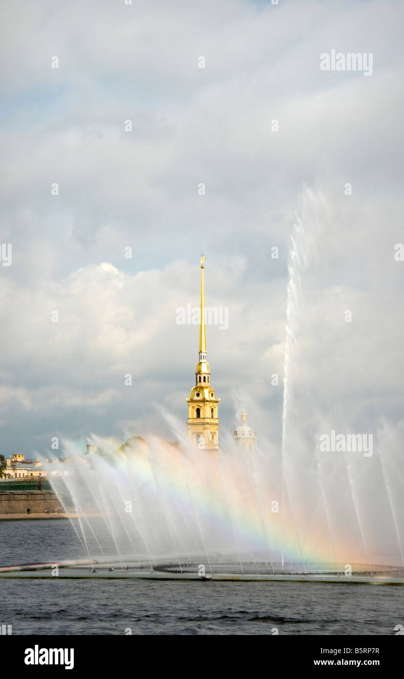 Rainbow in the dancing fountains on river Neva, Saint Petersburg, Russia Stock Photo