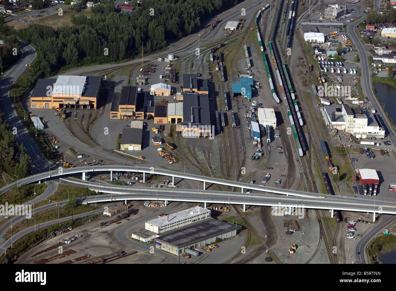 aerial view above Alaska Railroad  Anchorage Alaska terminal Stock Photo