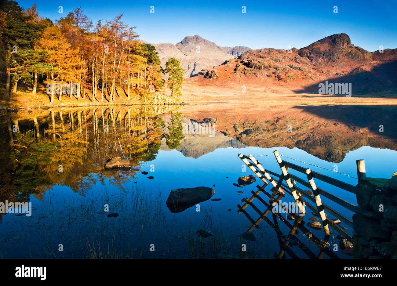 Early morning sunshine and reflections in Blea Tarn on a sunny autumn day, Lake District National Park, Cumbria, England, UK Stock Photo