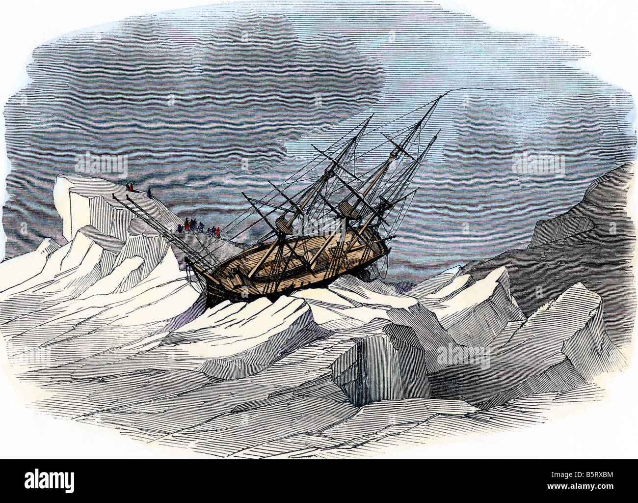 British ship Investigator in Arctic ice, McClure's discovery of Northwest Passage while searching for lost Franklin expedition. Hand-colored woodcut Stock Photo