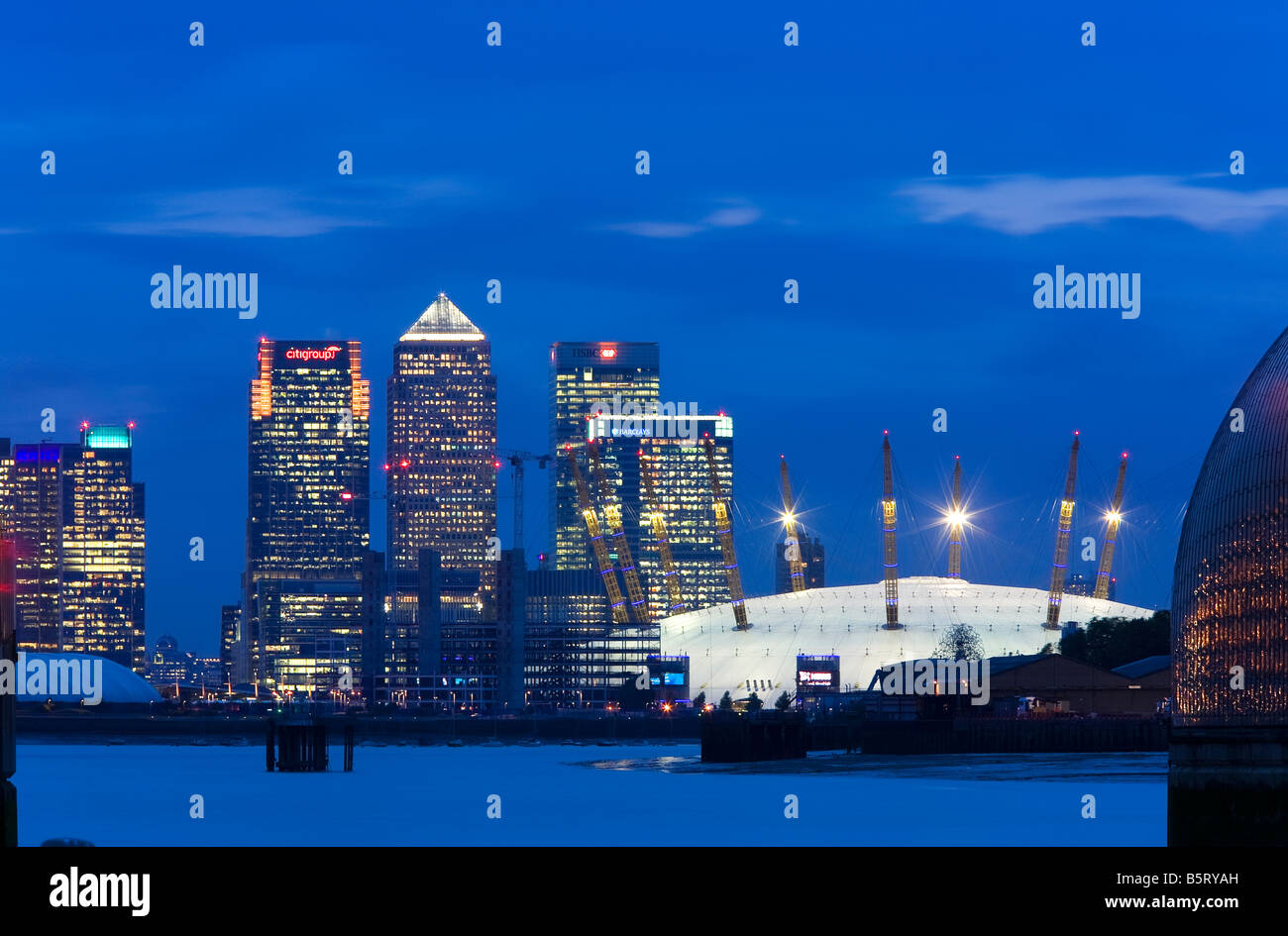 UK London Canary Wharf and The O2 Dome at dusk Stock Photo
