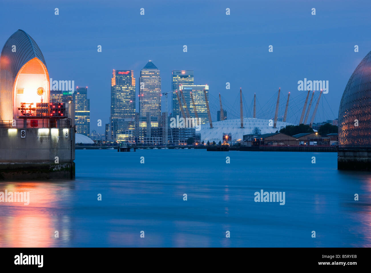 UK London Canary wharf viewed from the Thames Barrier Stock Photo