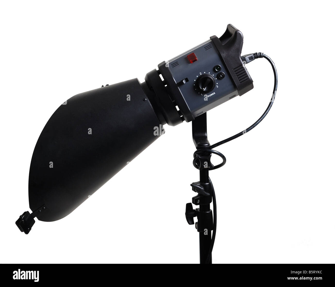 Black monoblock of photo flash gun isolated on white, side view Stock