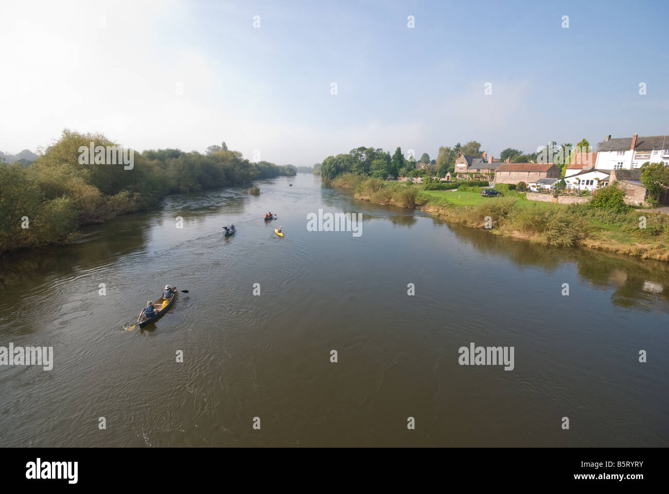 Canoeists on the River Wye from the Wilton Bridge outside Ross On Wye, Herefordshire Stock Photo