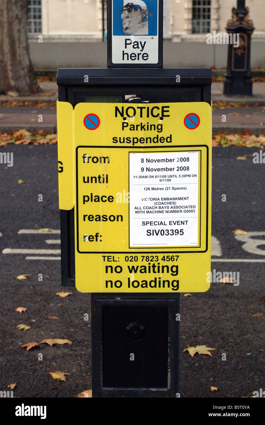 Parking meter suspension notice in London on Remembrance day Stock Photo