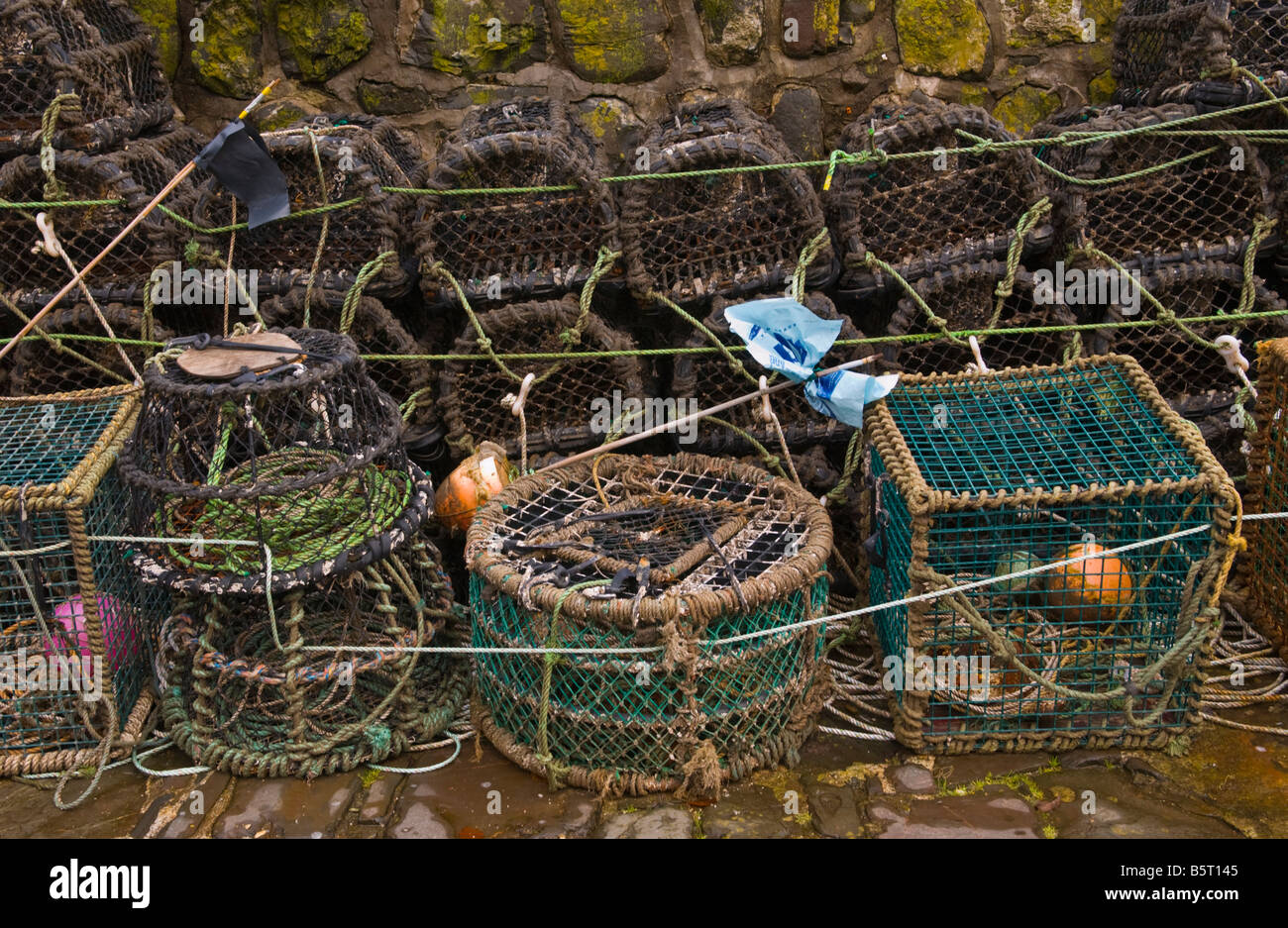 Lobster and crab pots on harbour wall in the coastal village of