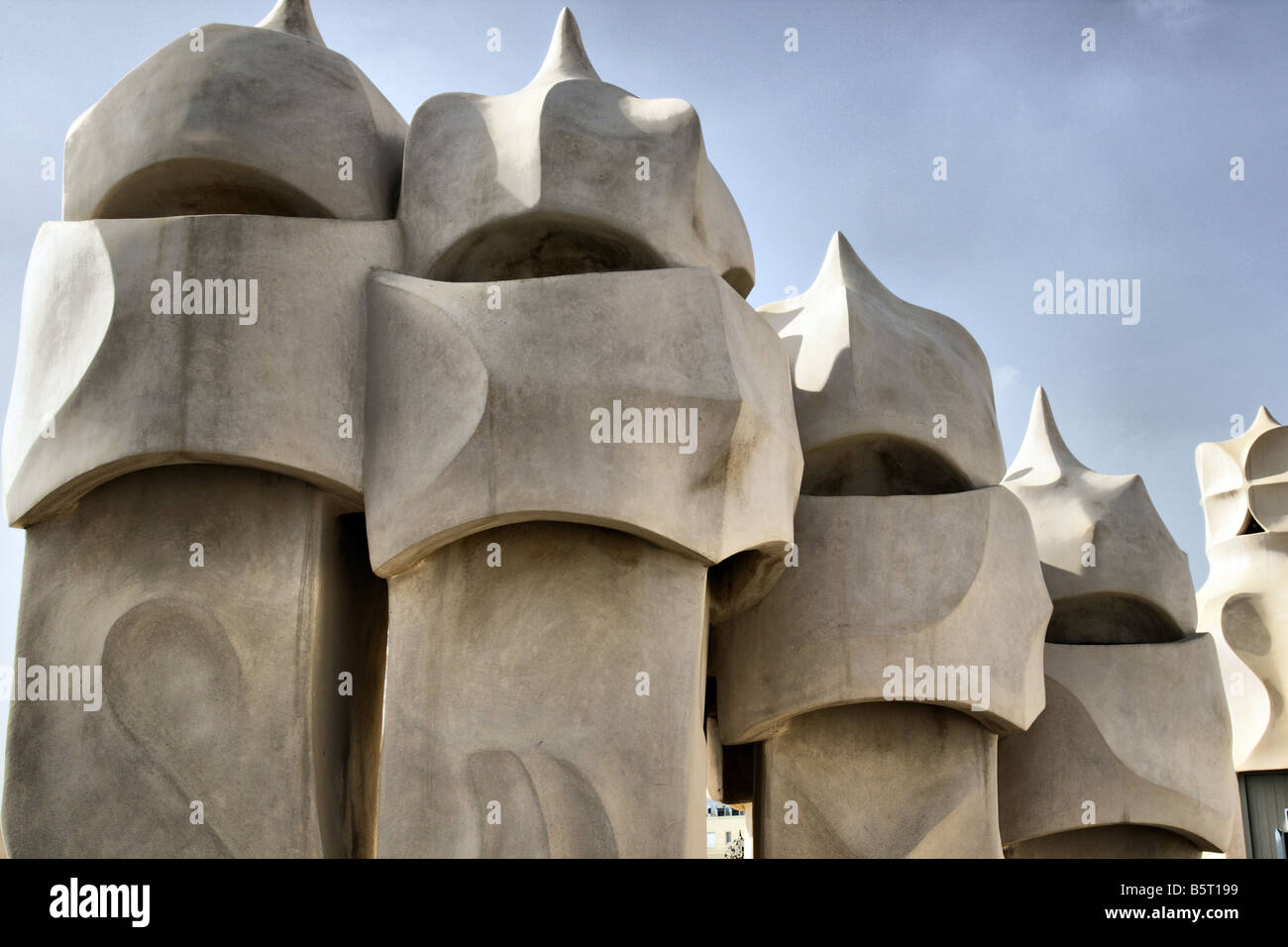Chimneys of Casa Mila Barcelona, the exterior of this iconic building designed by Antoni Gaudi Stock Photo