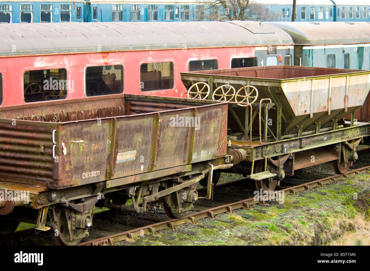 Disused railway coal wagons Stock Photo