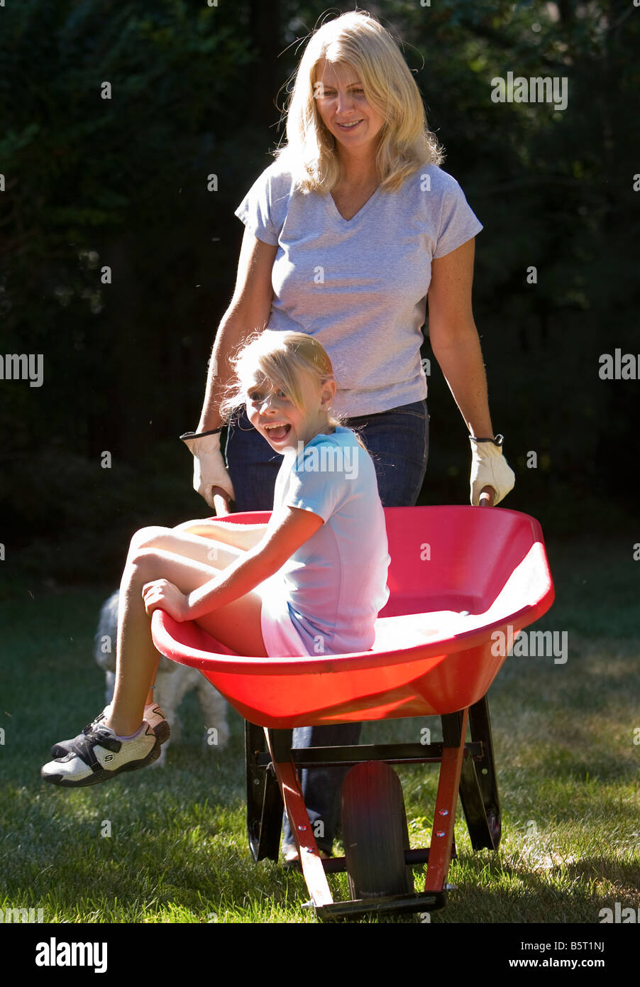 Mother pushing her daughter in a wheelbarrow Stock Photo - Alamy