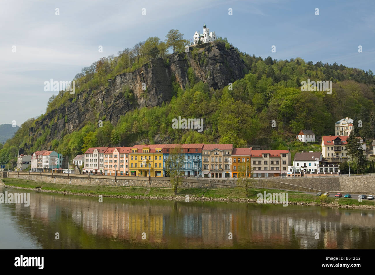 Colorful houses with hill top restautant  Decin Czech Republic Stock Photo