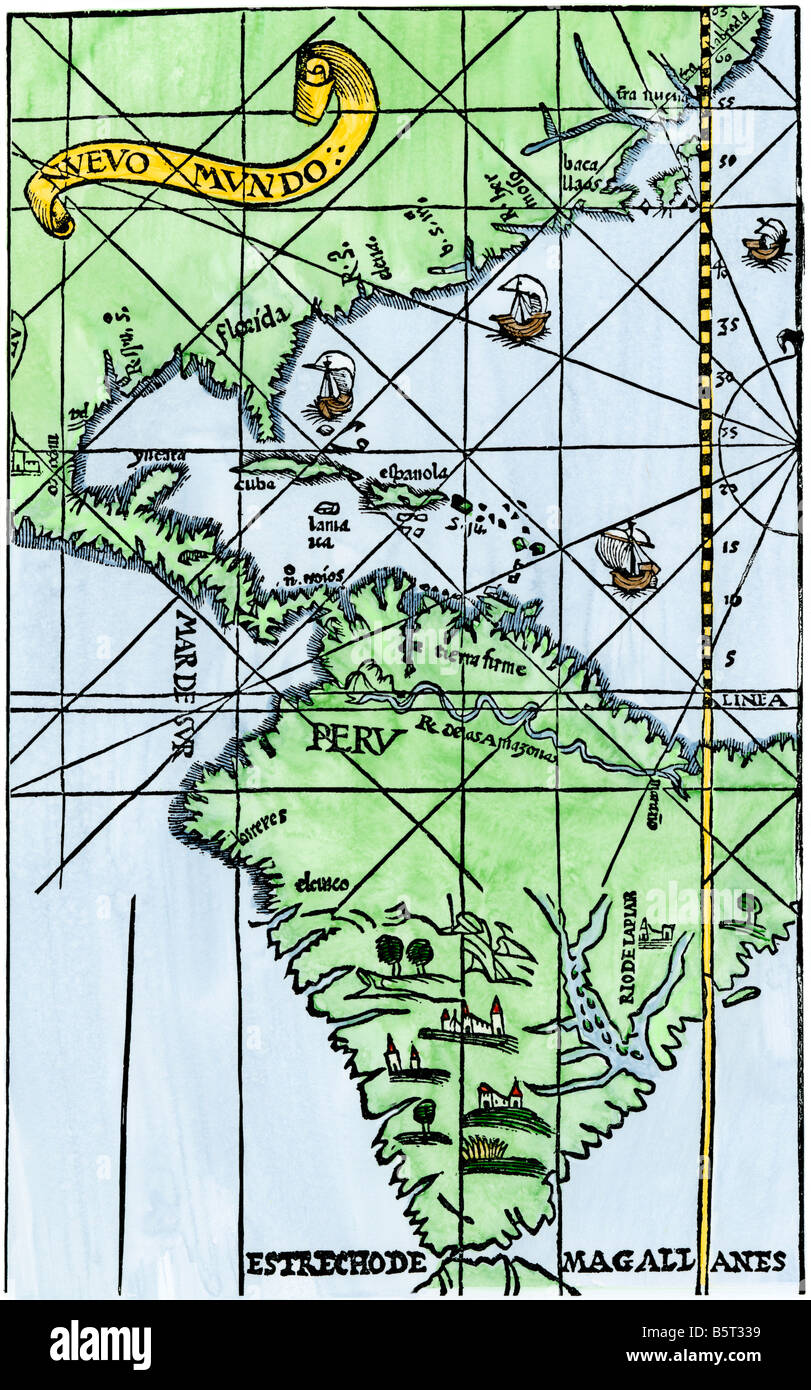 New World map after Magellan's passage around Cape Horn in 1519. Hand-colored woodcut Stock Photo