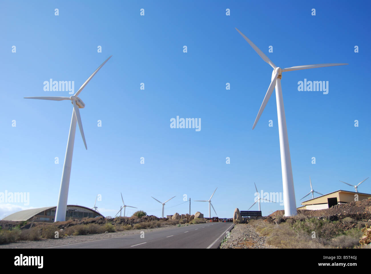 Wind turbines, Parque Eolico entrance, El Medano, Tenerife, Canary Islands, Spain Stock Photo