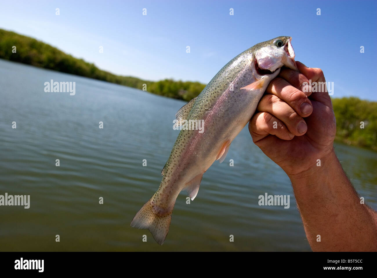 A man holds a rainbow trout caught at Lake Brittany in Bella Vista