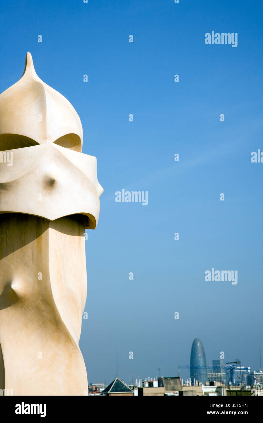 Chimneys of Casa Mila Barcelona, the exterior of this iconic building designed by Antoni Gaudi Stock Photo