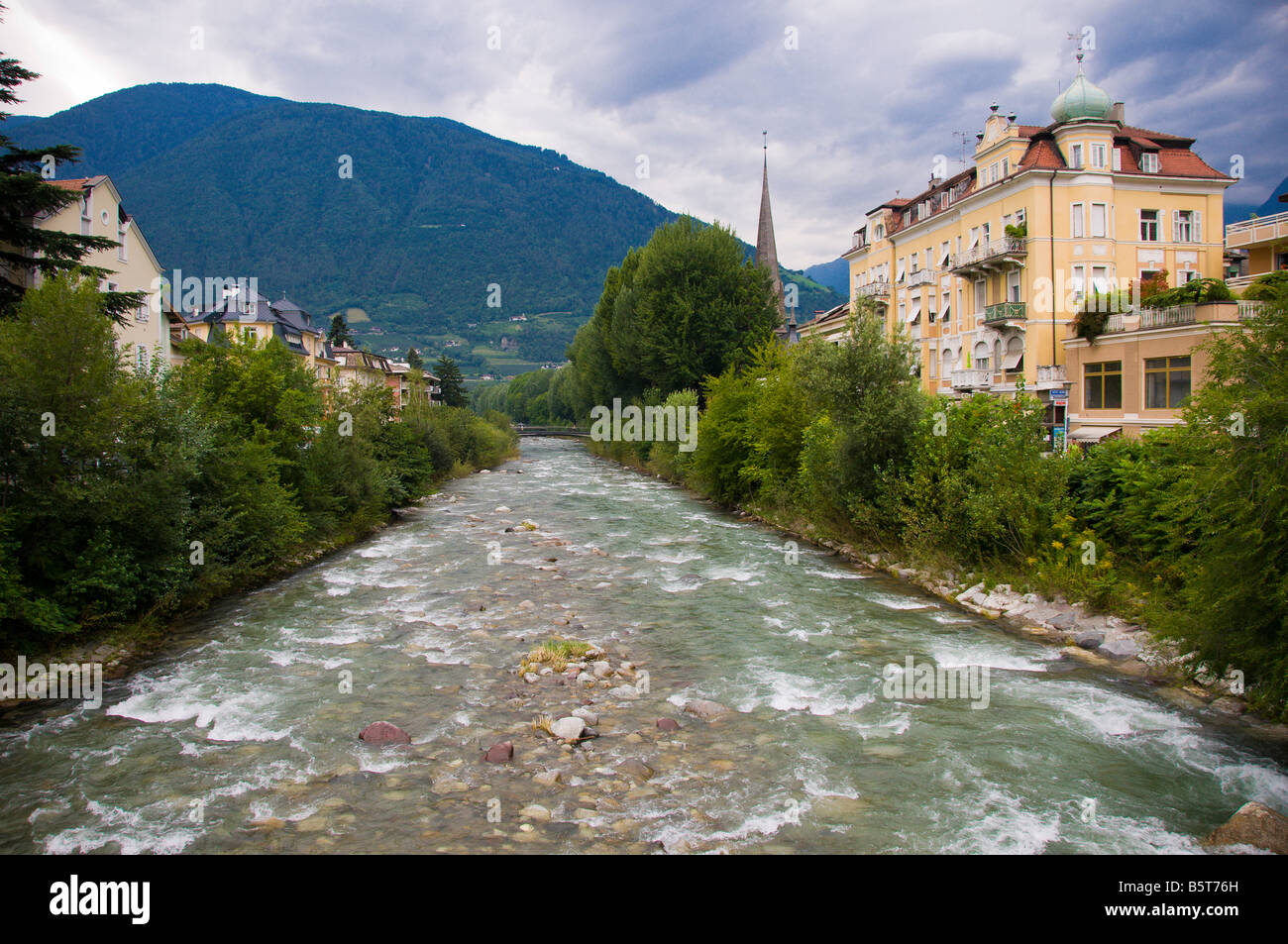 River Passirio in the town of Merano, South Tyrol (Sud Tirolo), Trentino Alto Adige, Italy. Stock Photo