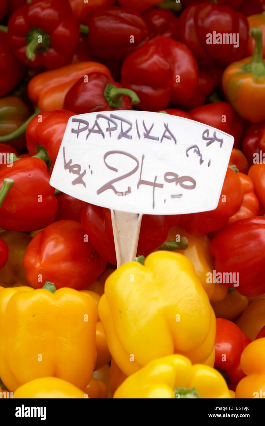 Red and yellow peppers for sale at Havelska Market Old Town (Stare ...