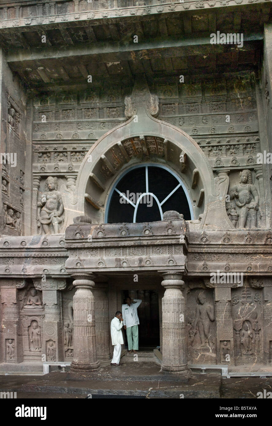Ajanta India. Cave 19 Buddhist rock carved temple with horseshoe shaped window Stock Photo