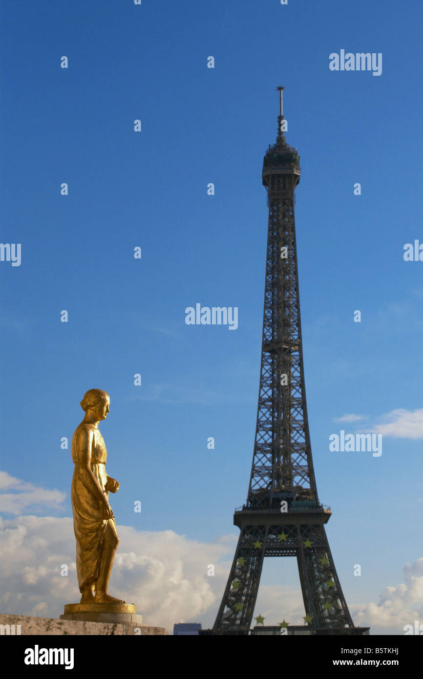 Statue at Place du Trocadéro with Eiffel Tower in the background Paris France Stock Photo