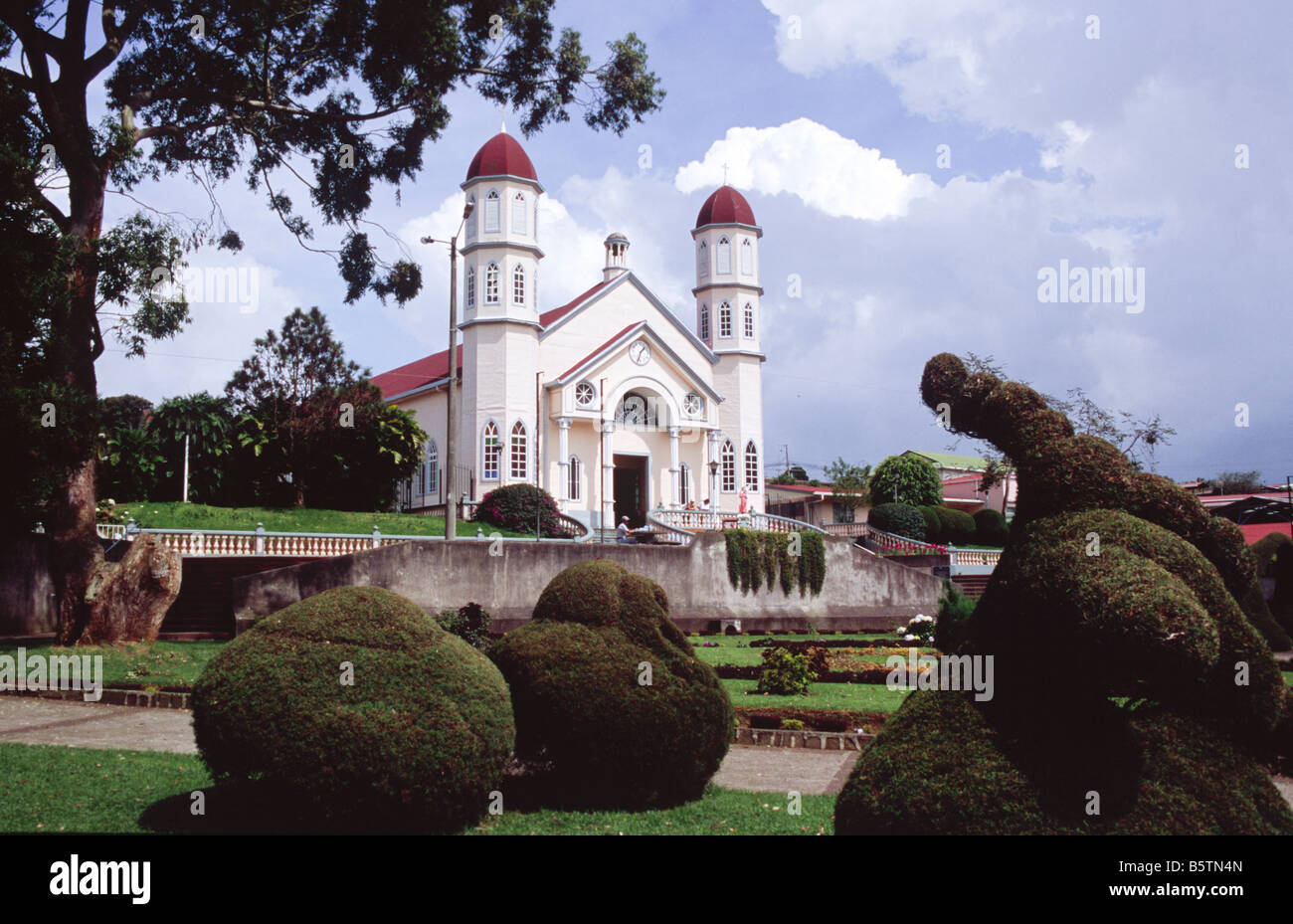Village church and park Alvardo Zarcero Costa Rica Central America Stock Photo