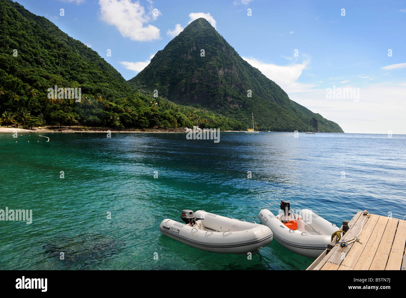 A VIEW OF THE MOUNTAIN GROS PITON FROM FORBIDDEN BEACH AT THE JALOUSIE PLANTATION RESORT ST LUCIA Stock Photo