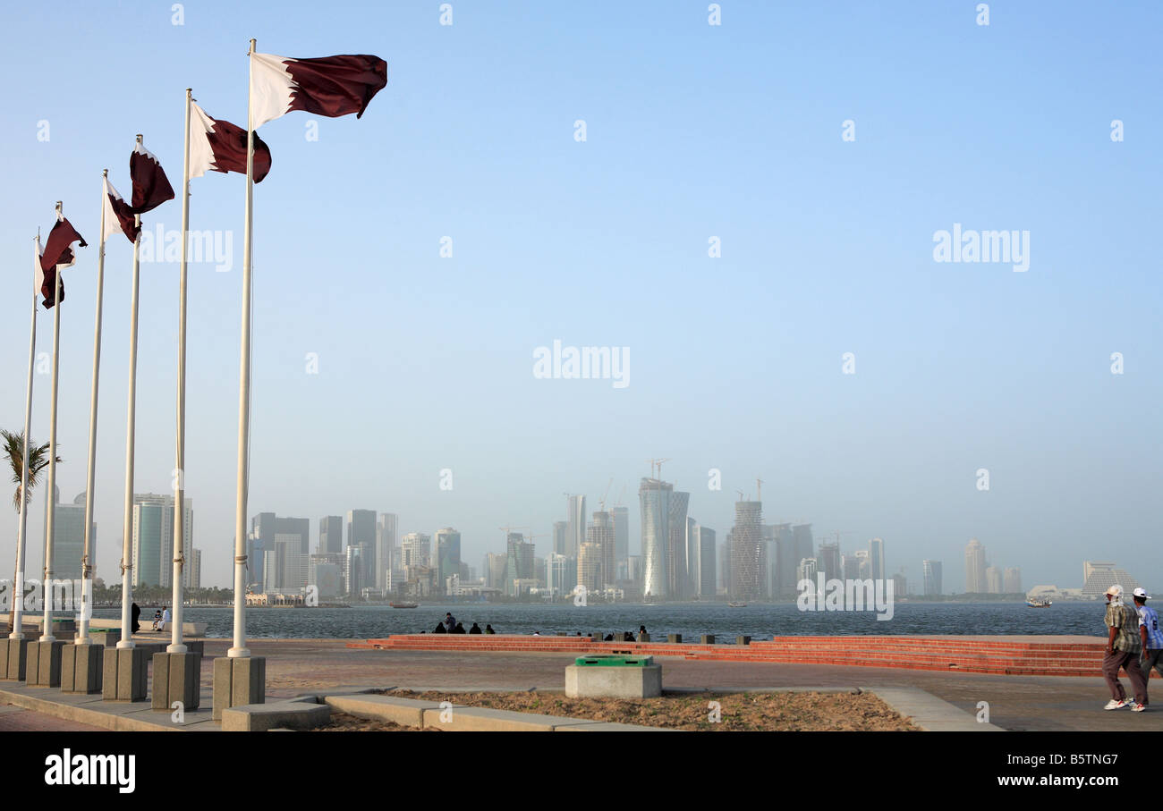 Qatari flags flying on Doha Corniche Qatar during the Eid al Fitr