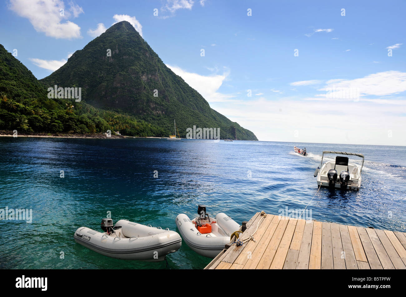 A VIEW OF THE MOUNTAIN GROS PITON FROM FORBIDDEN BEACH AT THE JALOUSIE PLANTATION RESORT ST LUCIA Stock Photo