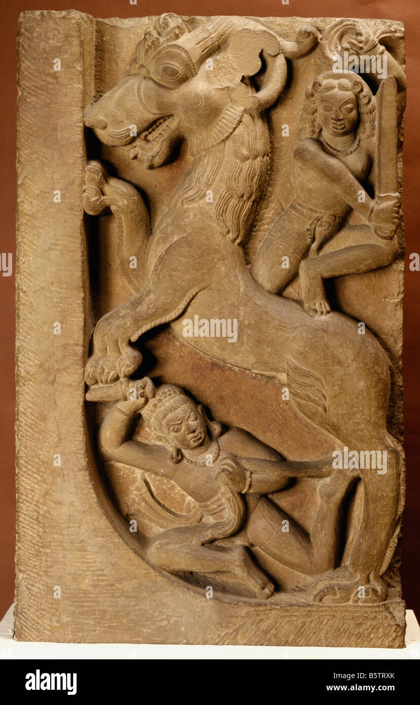 Leogriff with rider buff sandstone from Sarnath Uttar Pradesh 5th century. National Museum of New Delhi India 49.115 Stock Photo