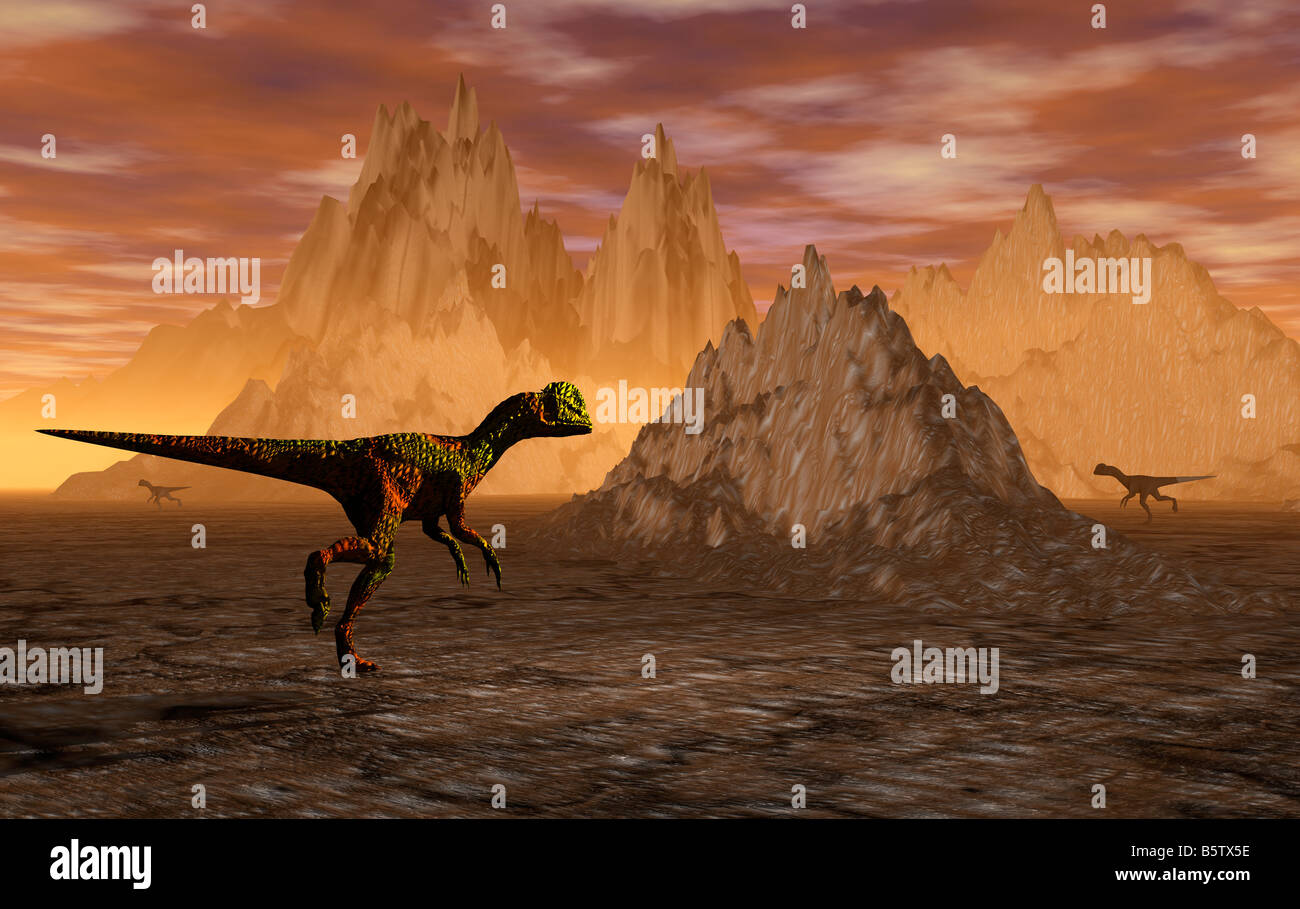 Bipedal Jurassic Dilophosaurus Dinosaurs Stock Photo