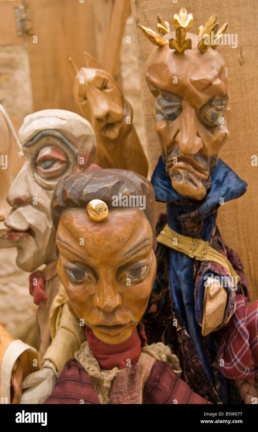 Wooden puppets on display in Caunes Minervois, Aude, Languedoc-Roussillon, in the South of France. Stock Photo
