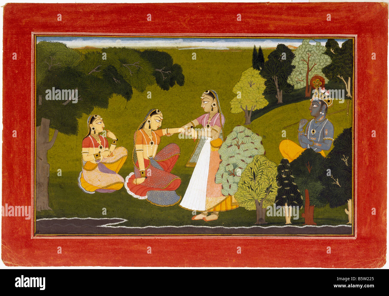 Radha being persuaded to meet Krishna. Gita Govinda painted by Manaku inscribed Basohli. Dated 1730 a.d. Hill school of paintin Stock Photo