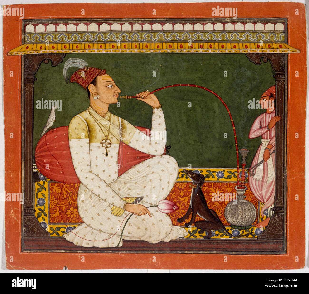 Raja Medini Pal portrait. Smoking hookah inscribed basohli