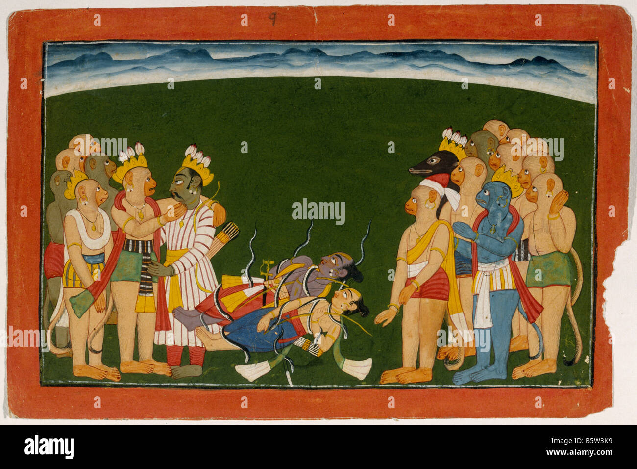 War in Lanka: Rama and Laksmana are attacked with Naga Pasa. Ramayana. Basohli style at kulu-mandi. Stock Photo