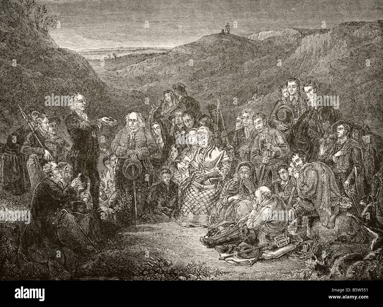 An open air meeting of Scottish Covenanters.  The Covenanters were a Scottish Presbyterian movement Stock Photo