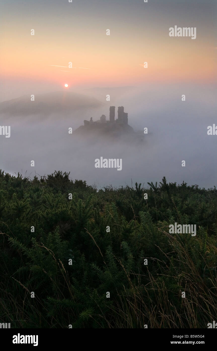 Corfe Castle shrouded in early morning mist Purbeck Dorset South West England UK Castle Stock Photo